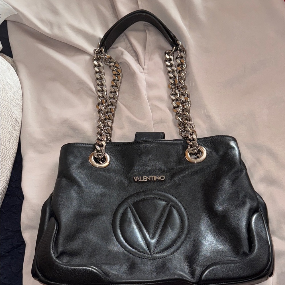 Valentino Black Leather Shoulder Bag with Silver Chain